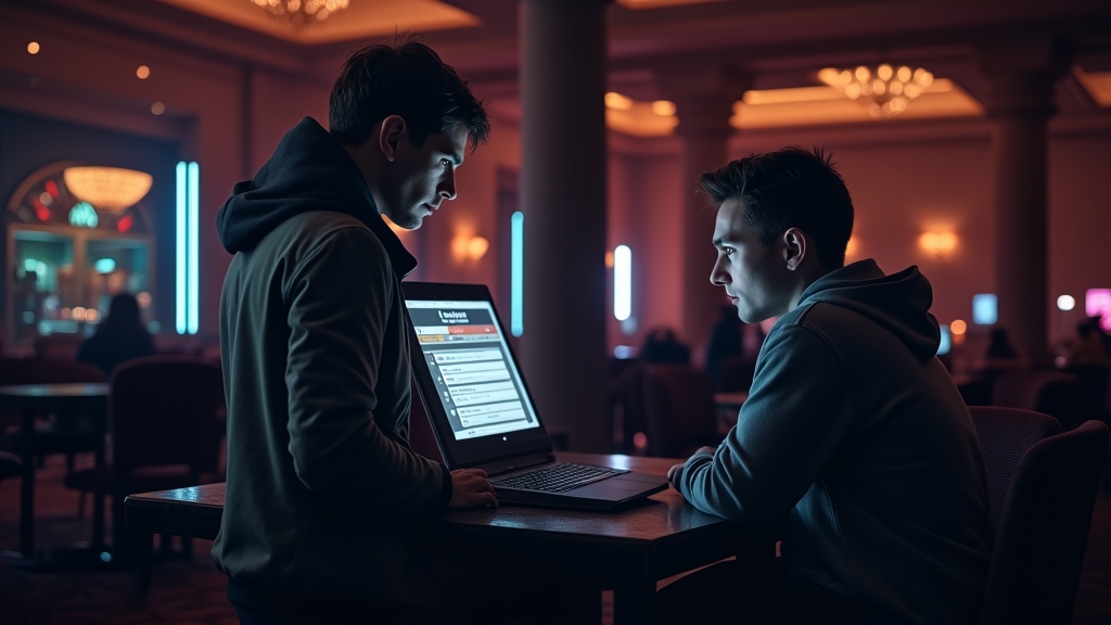 Player checking a secure casino login screen on a laptop in a dark neon setting