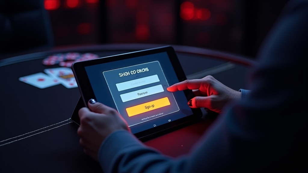 Player completing a casino sign-up form beside a neon-lit desk